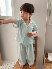DAZY 男嬰條紋短袖單排扣上衣與長褲居家休閒套裝 幼兒 - 薄荷綠 - 查看 1
