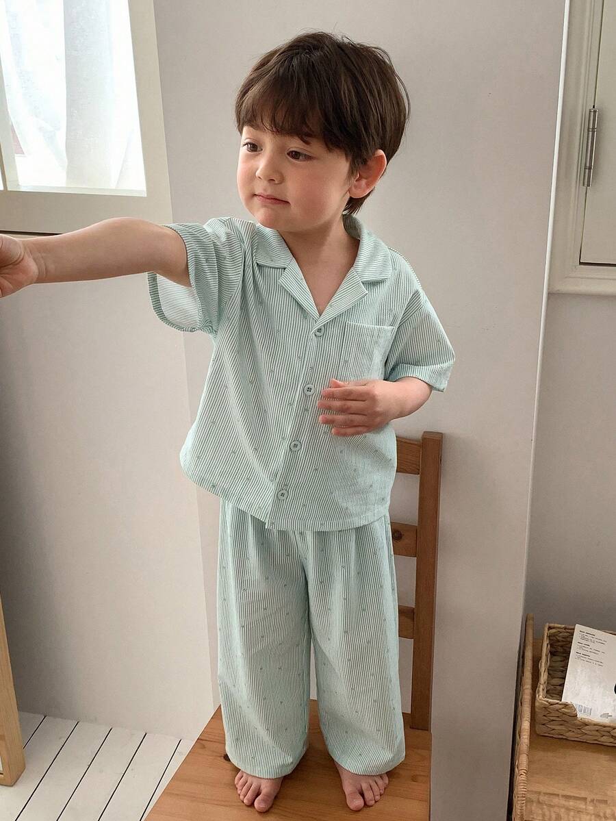 DAZY 男嬰條紋短袖單排扣上衣與長褲居家休閒套裝 幼兒 - 薄荷綠 - 查看 1