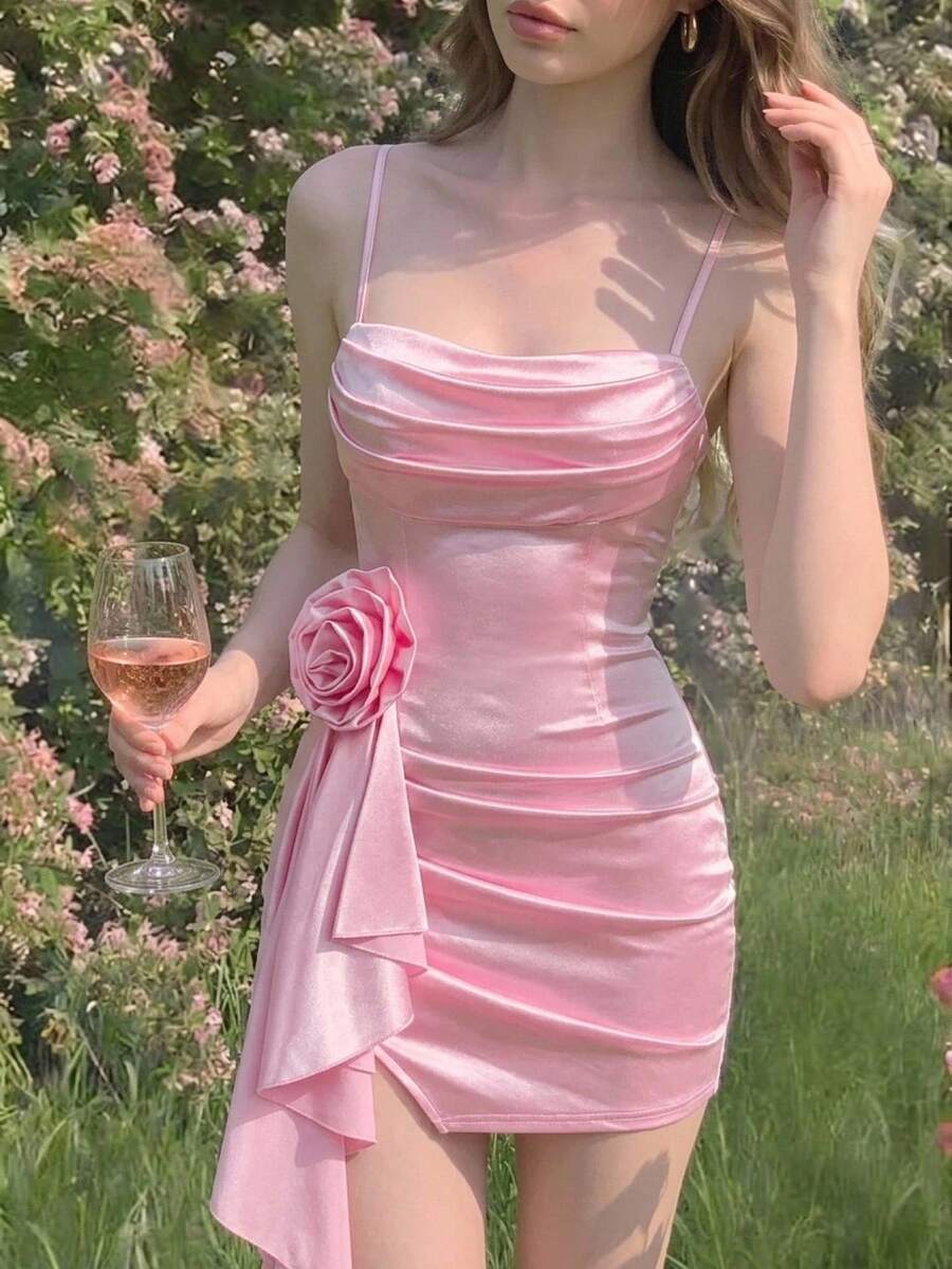 Skyraze Soft Pink,Summer,Mama Mia,Party Silk Bodycon Dress Featuring Floral Decoration,Draped Ruffle Design,Spaghetti Straps,Elegant Charming Evening Event - Baby Pink - View 1