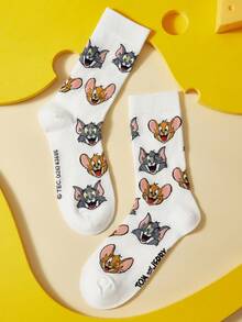 TOM & JERRY X SHEIN 1雙貓咪與老鼠圖案筒襪 - 白色 - 查看 2
