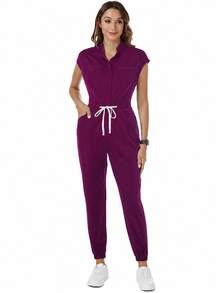 TaskEZ Mono uniforme de enfermería de unicolor con manga corta, bolsillo y cintura con cordón - Morado - Ver 6