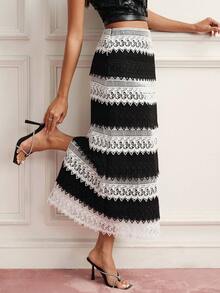 BELROSIE French Elegant 70's Women's Luxury Design Black And White Striped Checkered Contrast Lace Patchwork Straight Mid-Length Skirt Party Dinner Autumn - Black and White - View 5