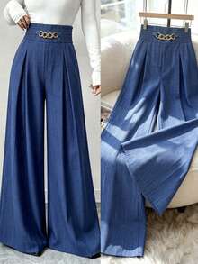 Elenzga Spring/Autumn Metal Ring Wide Leg Pleated Waist Trousers - Blue - View 7