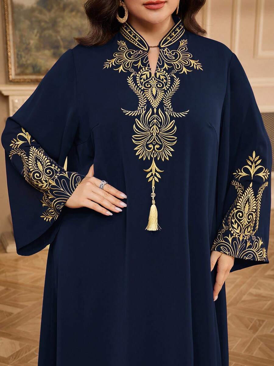 Al Najma Plus Size Women Floral Print Tassel Design Flare Sleeve Elegant Arabic Style Dress - Navy Blue - View 1