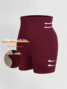 SHEIN Essnce 大码镂空服装感恩节女装秋季女士短裤休闲高弹力收腹短裤提臀美化身体曲线修身短裤 - 酒紅色 - 查看 4