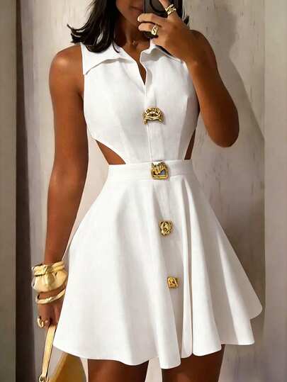 Glyssa Women's Lapel Sleeveless Short Waist-Cinching Asymmetrical Metal Buckle Hollow A-Line Fashion Dress Series New Year Spring New Luxury Valentine's Day Sweet Party New Year's Eve Yellow Elegant Dress