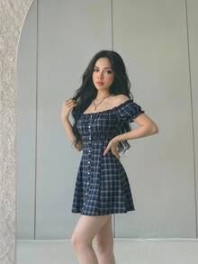 Sweetina Academy Style Off-Shoulder Petal Sleeve Mini Dress For Women - Navy Blue - View 4