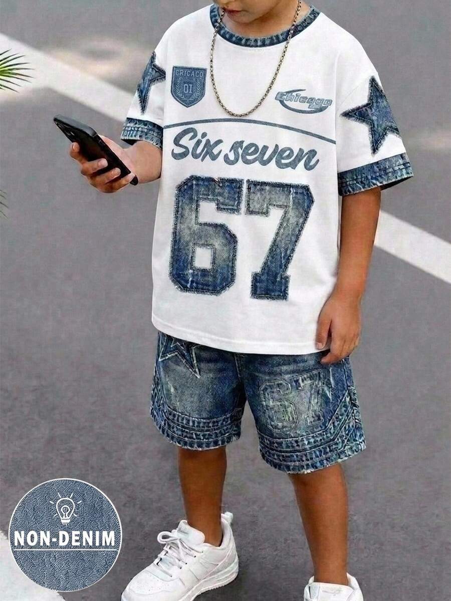 小男孩時尚圓領短袖T恤與短褲套裝,2件套,67圖案設計,酷時尚套裝,適合假期派對與聚會,春夏秋季,舒適休閒,小男孩夏季首選,時尚休閒穿搭,春夏秋街頭風,戶外休閒套裝 - 彩色 - 查看 1