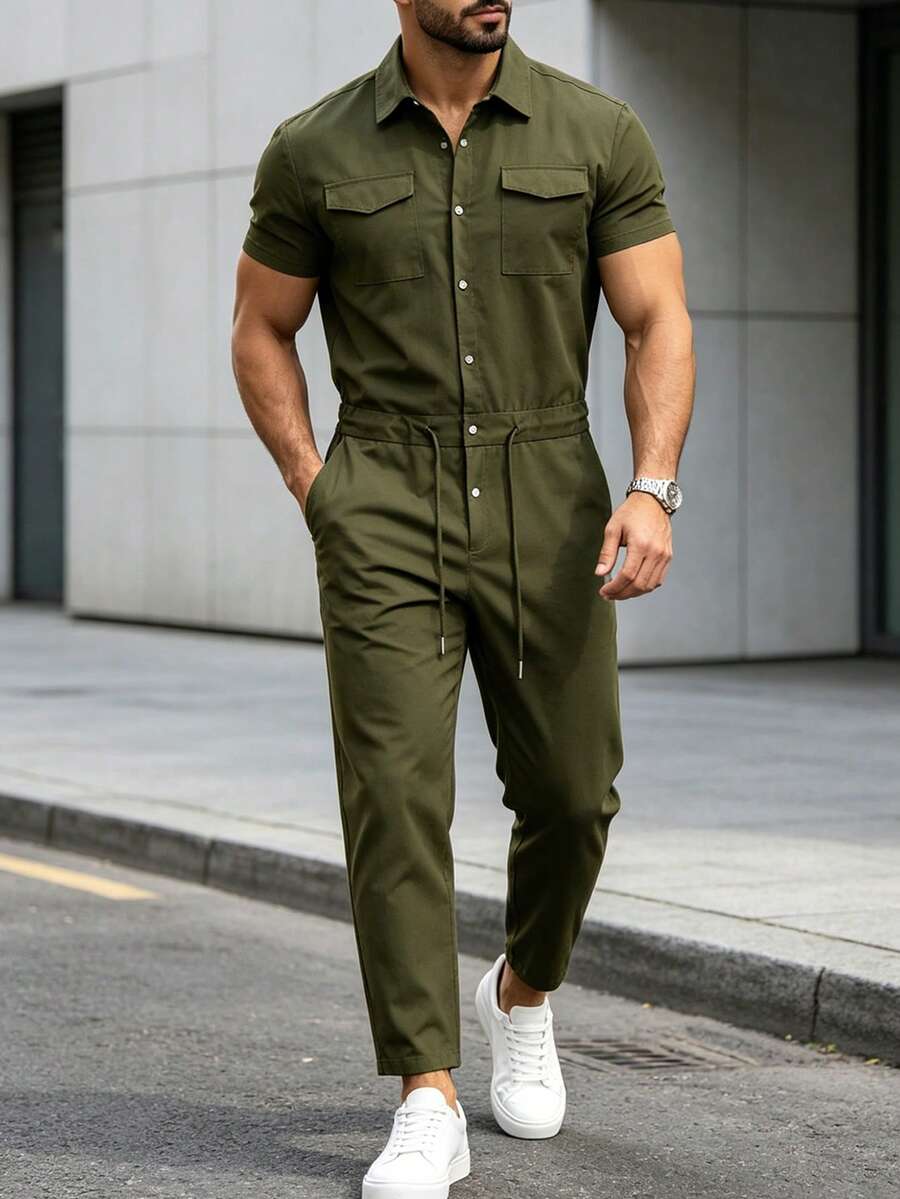 Manfinity Homme Men's Spring/Summer Jumpsuit, Army Green Long Pants Cargo Mature Casual Style - Army Green - View 1