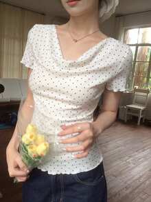 DAZY 女款圓領波點領結短袖T恤 夏季 - 白色 - 查看 5