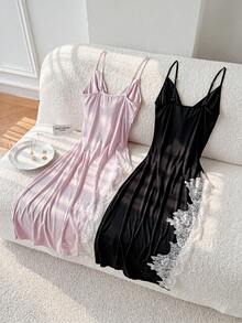 Moireta Mature Elegant Contrast Color Charming Lace Patchwork Comfortable Cowl Neck Slit Knit 2 Pieces Set Camisole Nightgown For Women - Multicolor - View 6