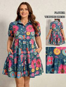 SHEIN LUNE 大码女式碎花休闲花瓣袖口袋连衣裙 - 彩色 - 查看 4