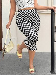 Muchica Plus Size Checkered Print Ruffle Hem Leggings - Multicolor - View 6