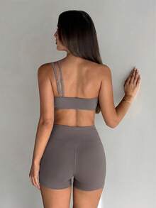 Aloruh Women's Solid Color Asymmetric Waistband Casual Fitness Sports Shorts - Dark Grey - View 2