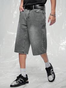 IRON GLYPH Men's Casual Washed Loose Wide Leg Denim Shorts - Grey - View 5