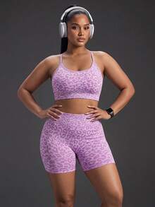 Powerista Plus Size Women's Leopard Print Criss-Cross Back Cropped Camisole Top And High-Waisted Shorts Two-Piece Activewear Set - Purple - View 10