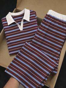 女童條紋 Polo 兩件套，收腰 T 恤 + 寬腿褲，適合校園與休閒穿著 - 彩色 - 查看 1