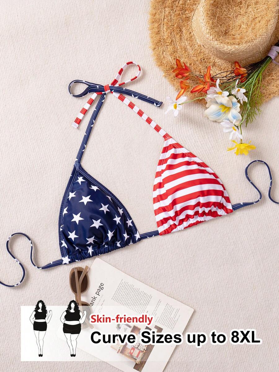 SHEIN CURVE+ Plus Size Women's Star & Stripe Print Halter Tie Bikini Top, Suitable For Summer Vacation And Beach - Multicolor - View 1
