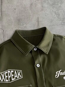AXEPEAK Conjunto de camisa y pantalones cortos con estampado de letras para hombre - Verde militar - Ver 7