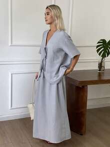 DAZY Spring Summer Loose Casual Long Sleeve Shirt And Straight Leg Pants 2 Pieces Set For Women Vacation Light Blue Brunch - Blue - View 7