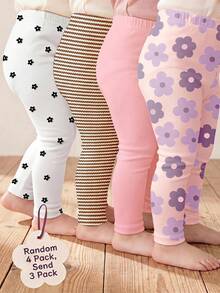 SHEIN Random 4 PACK Send 3PACK Versatile Color Series, Sweet Cute Floral & Striped Series, Baby Girl Cute Comfortable Casual Leggings Elastic Leggings Suitable For Spring/Summer Daily Wear, School, Outings, Street, Vacation, Picnic, Farm - Multicolor - View 1