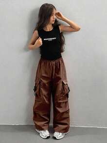 SHEIN Tween Girl Solid Color Loose Straight Leg Pants With Pockets - Brown - View 4