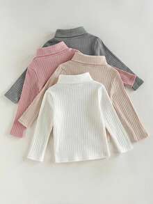 Cozy Pixies Baby Girl Solid Color Knit Soft Round Neck Long Sleeve Ruffle Hem Pullover Autumn Top 4pcs -Piece Set Versatile Comfortable - Multicolor - View 2