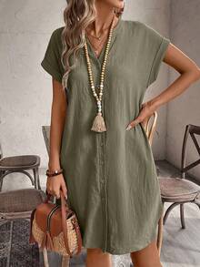 Comfylo Plus Size Casual Solid Color Front Button Dress Gym Brown - Army Green - View 1