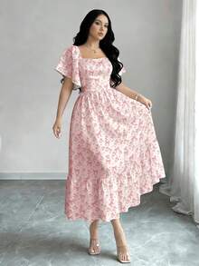 Modelyn Gaun Elegan Motif Digital Kupu-kupu & Bunga untuk Wanita, Gaun Modis Leher Persegi Lengan Mengembang Lengan Pendek dengan Desain Hem Bergelombang, Gaya Liburan Musim Panas - MultiWarna - View 4