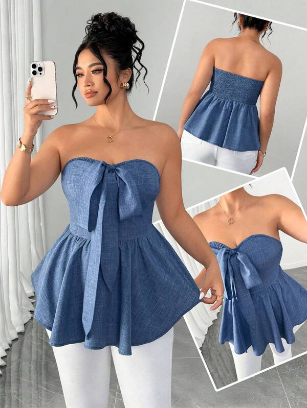 Elenzga Top de tubo sin tirantes ajustado y elegante para mujer talla grande, primavera/verano, talla grande vendido, con lazo grande, diseño sin tirantes, versátil para uso diario, ocasiones formales, festivales de música, fiestas y noches de discoteca
