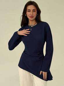 Aloruh Women's Casual Design Asymmetric Hem Long Sleeve Boat Neck Blouse, Versatile Elegant Navy Blue Shirt For Daily Commute And Outings Work Autumn - Navy Blue - View 1
