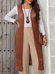 EMERY ROSE Plus Size Women's Solid Color Hollow Design Long Sleeveless Thin Cardigan For Vacation - Coffee Brown - View 5