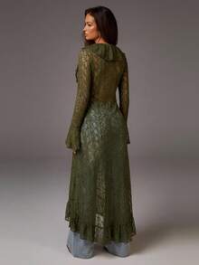 Athîral Vestido largo elegante de unicolor con volantes de encaje para mujer - Verde Gris - Ver 2
