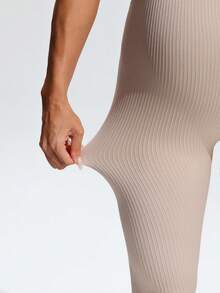 SHEIN Maternity Round Neck Textured Cropped Tank Top And Sports Long Pants Set - Khaki - View 8