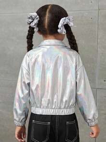 SHEIN Young Girls YoungGirl 休閒梭織純色長袖短版夾克，日常穿著 Y2K 女孩金屬感夾克，Y2K 銀色夾克返校秋季款 - 銀色 - 查看 12