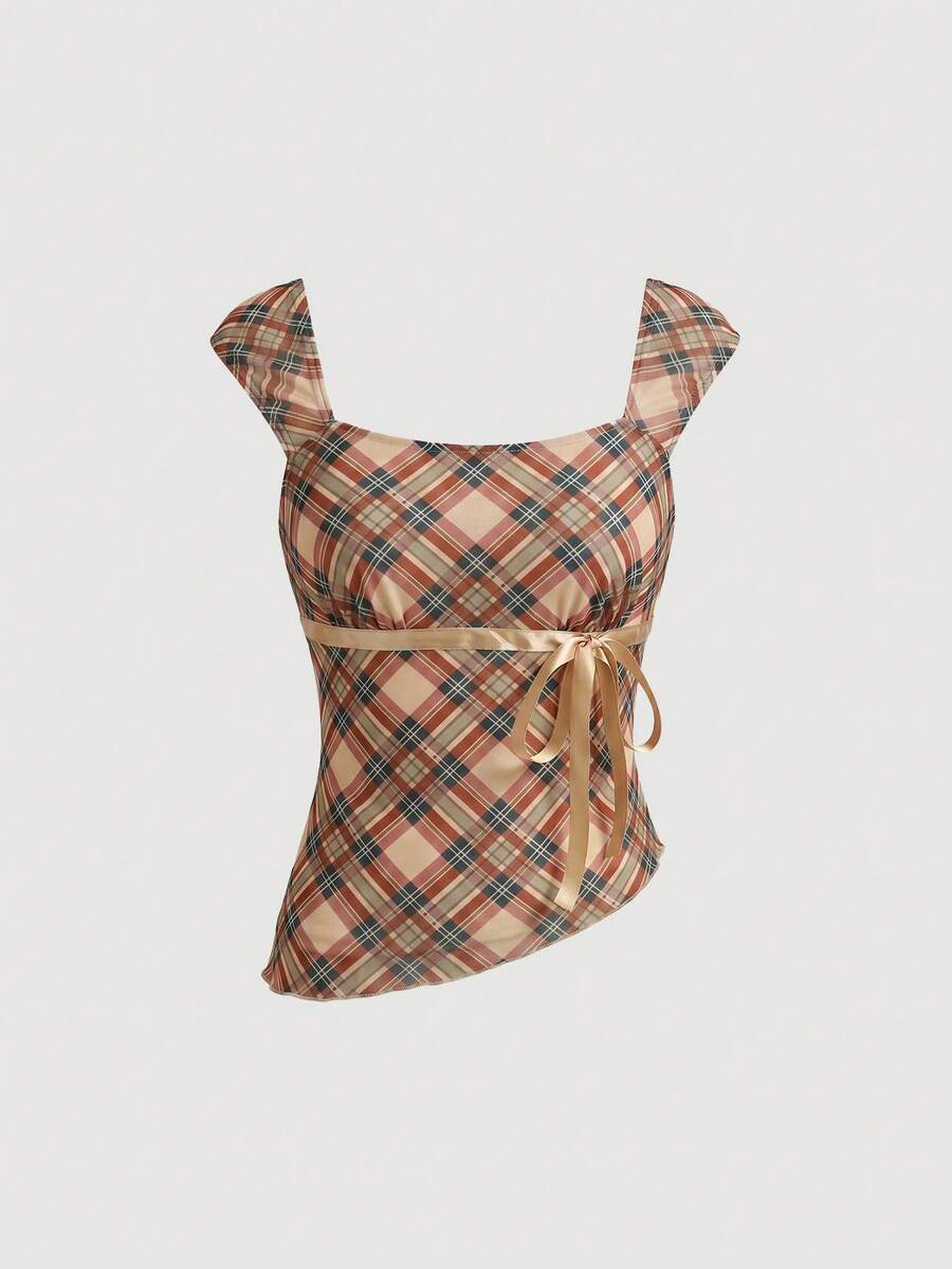SHEIN MOD Top de tirantes a cuadros para mujer con decoración de lazo y cinta, y bajo asimétrico diagonal - Caqui - Ver 1