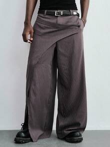 ROMWE MEN Essentials Men's Deconstructed Striped Loose Straight Leg Pants - Grey - View 1