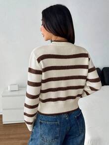 SHEIN PETITE 女款立領黑白條紋長袖極簡毛衣，休閒日常穿著，小碼版型，適合秋冬 - 棕色 - 查看 2