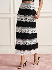 BELROSIE French Elegant 70's Women's Luxury Design Black And White Striped Checkered Contrast Lace Patchwork Straight Mid-Length Skirt Party Dinner Autumn - Black and White - View 3