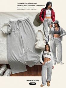 Comfortcana Plus-Size Off-White Casual Knit Sweatpants With Contrast Details And Drawstring – Back-To-School Season - Light Grey - View 7
