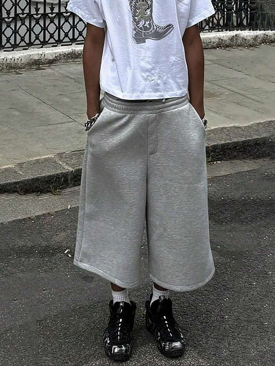 Manfinity Dauomo Men's Elastic Waist Pocket Casual Solid Color Wide Leg Cropped Straight Pants - Grey - View 1