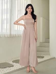 DAZY Jumpsuit Panjang Wanita Model French Design Musim Panas dengan Bagian Belakang Berongga, Pinggang Tinggi, Ramping, Bahu Terbuka, dan Tali Bahu Tipis, Cocok untuk Pernikahan, Kencan, Pesta, Makan Malam, Warna Beige - Berwarna merah muda - View 4