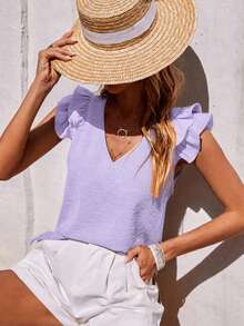 EMERY ROSE Summer Casual Solid Color Flutter Sleeve Blouse - Mauve Purple - View 6