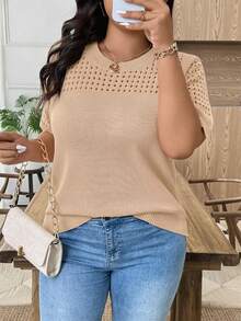 EMERY ROSE Plus Size Casual Hollow Out Round Neck Short Sleeve Tops - Camel - View 4