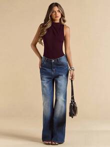 SHEIN BAE Spring/Summer Solid Black Backless Sexy Cutout Asymmetric Shoulder Ruched Elegant Sleeveless Bodysuit For Women, Summer Bodysuit - Maroon - View 7
