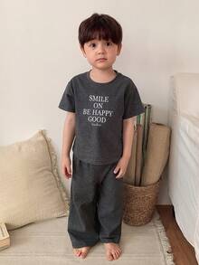 DAZY Set da 2 pezzi per neonato maschio: maglietta girocollo stile coreano & pantaloni lunghi larghi, abbigliamento da casa estivo - Grigio Scuro - Visualizzare 4