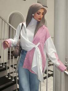 Solavon New Design Mixed Material Striped Loose Lazy Style Modest Shirt Office Pink And White Striped Autumn - Pink - View 5