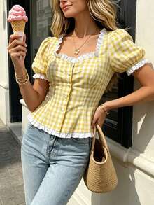 SHEIN PariChic Blusa de manga corta abullonada con cuello cuadrado y ribete con volantes, a cuadros amarillos y blancos - Amarillo - Ver 5