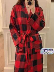 1件式極簡紅色格紋女款長袖睡袍，新款長袖睡衣家居服浴袍，多用途膝長寬鬆柔軟穿著，適合春夏秋季，簡約時尚保暖造型 - 紅格子 - 查看 1
