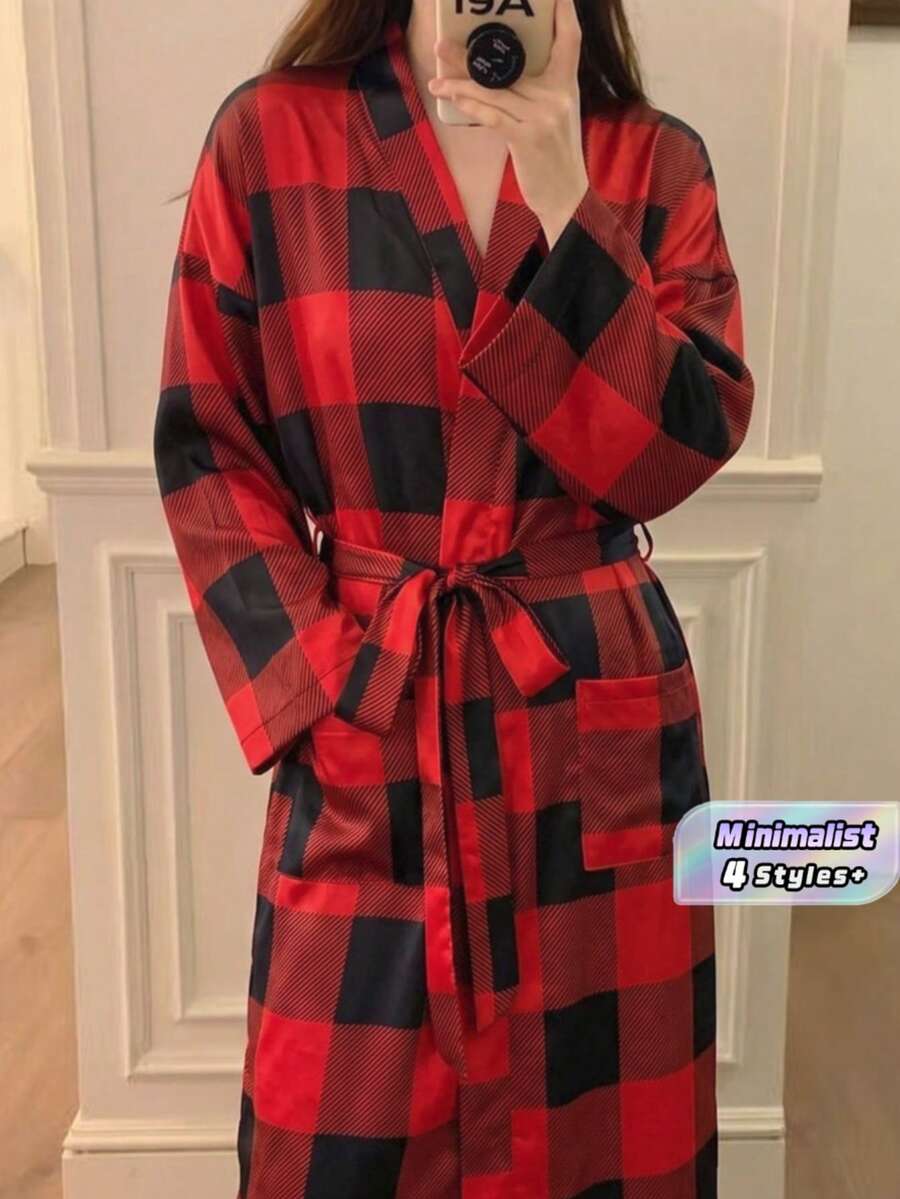 1件式極簡紅色格紋女款長袖睡袍，新款長袖睡衣家居服浴袍，多用途膝長寬鬆柔軟穿著，適合春夏秋季，簡約時尚保暖造型 - 紅格子 - 查看 1